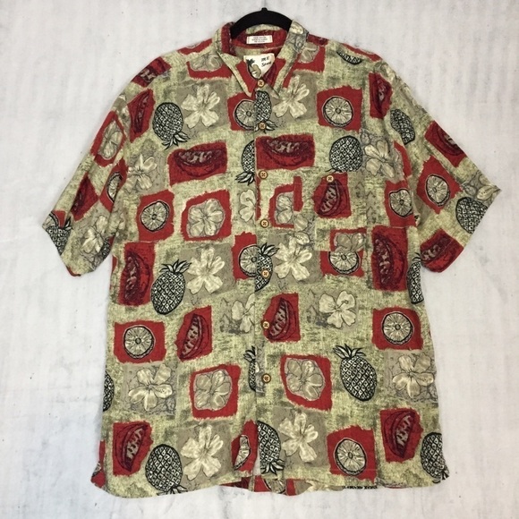 Vintage Hawaiian Shirt Mens XL Rayon Pineapple Watermelon Flowers Relaxed Fit - Picture 1 of 8